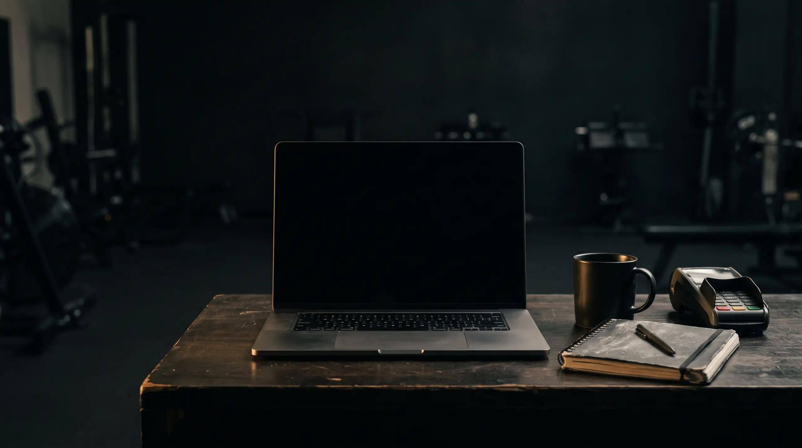 A laptop open on a gym reception desk, screen blank