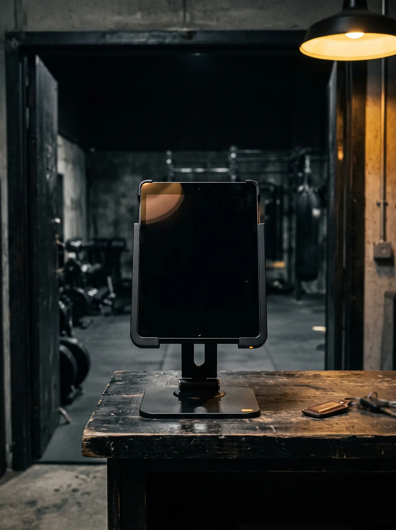 A tablet on a stand at the gym entrance