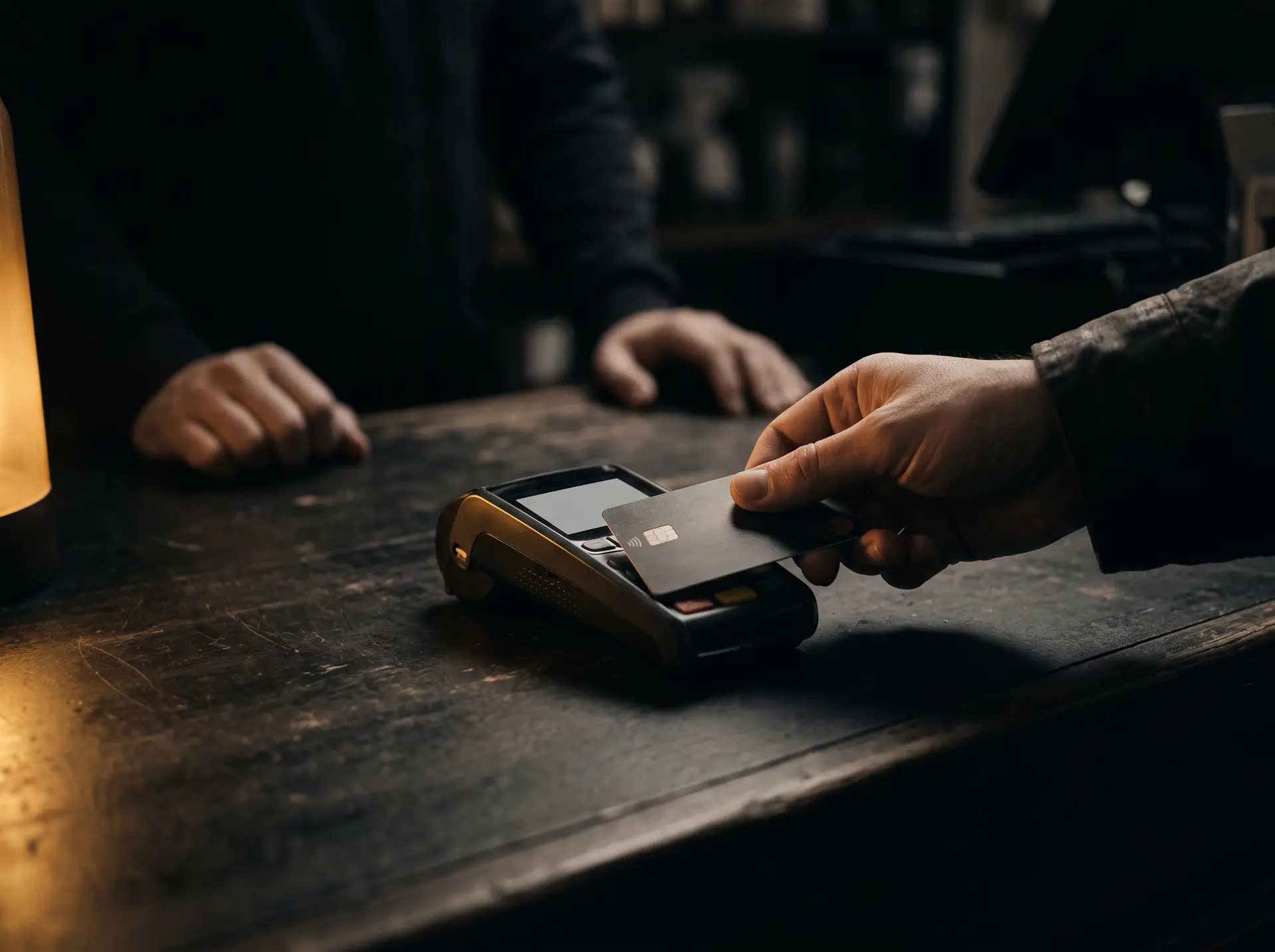A hand tapping a card on a payment terminal at the counter