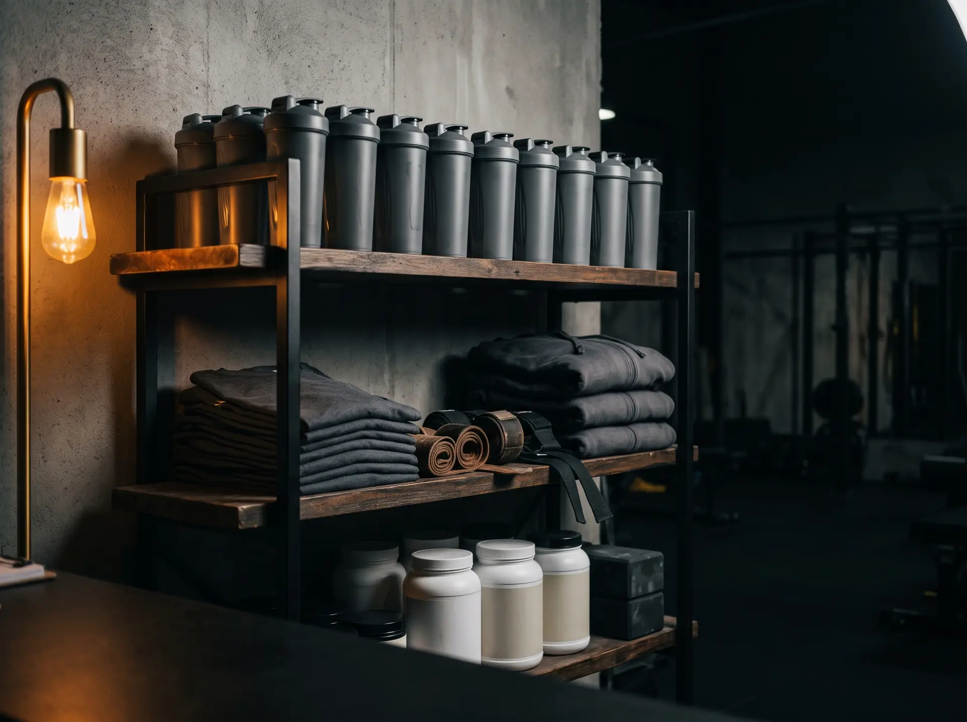 A retail shelf beside the counter with shirts, shakers and supplements
