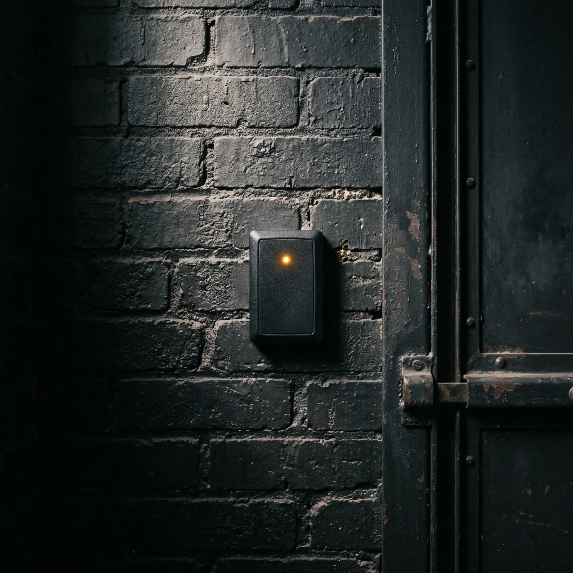 An access reader mounted on a brick wall