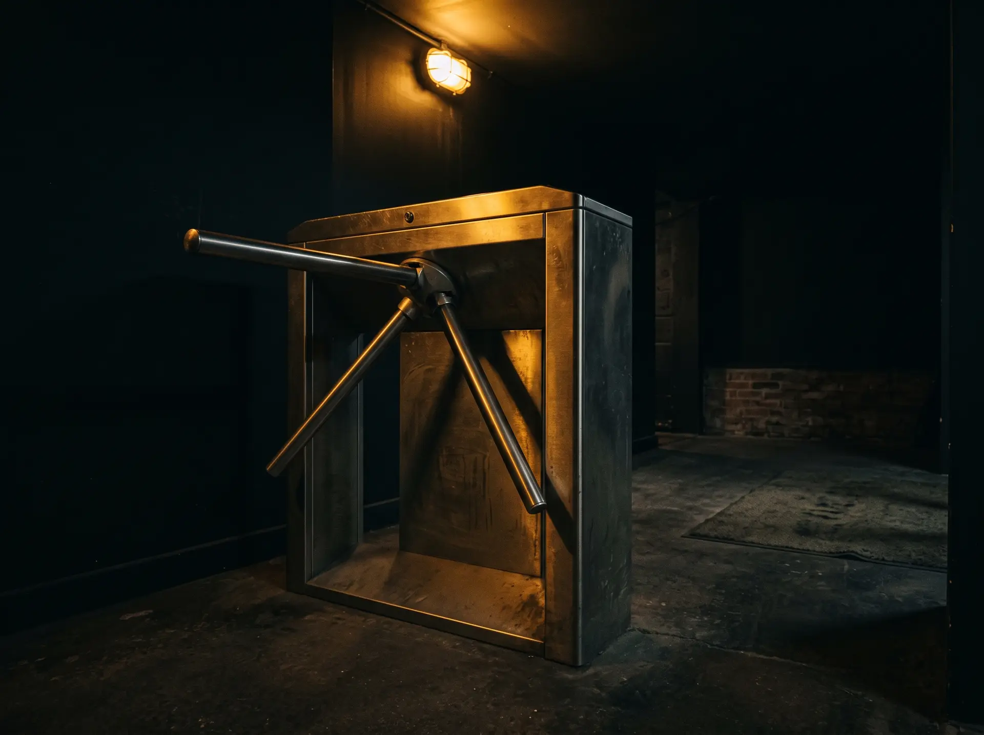 A turnstile in a gym entrance lobby