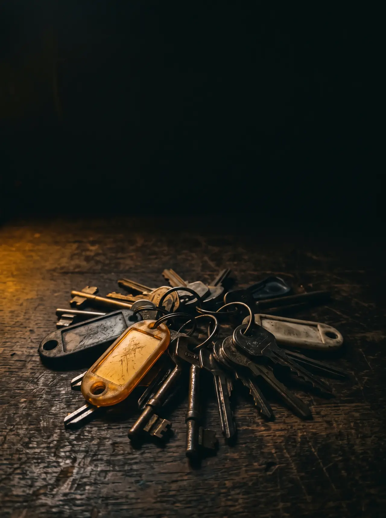 A set of keys left on a wooden counter