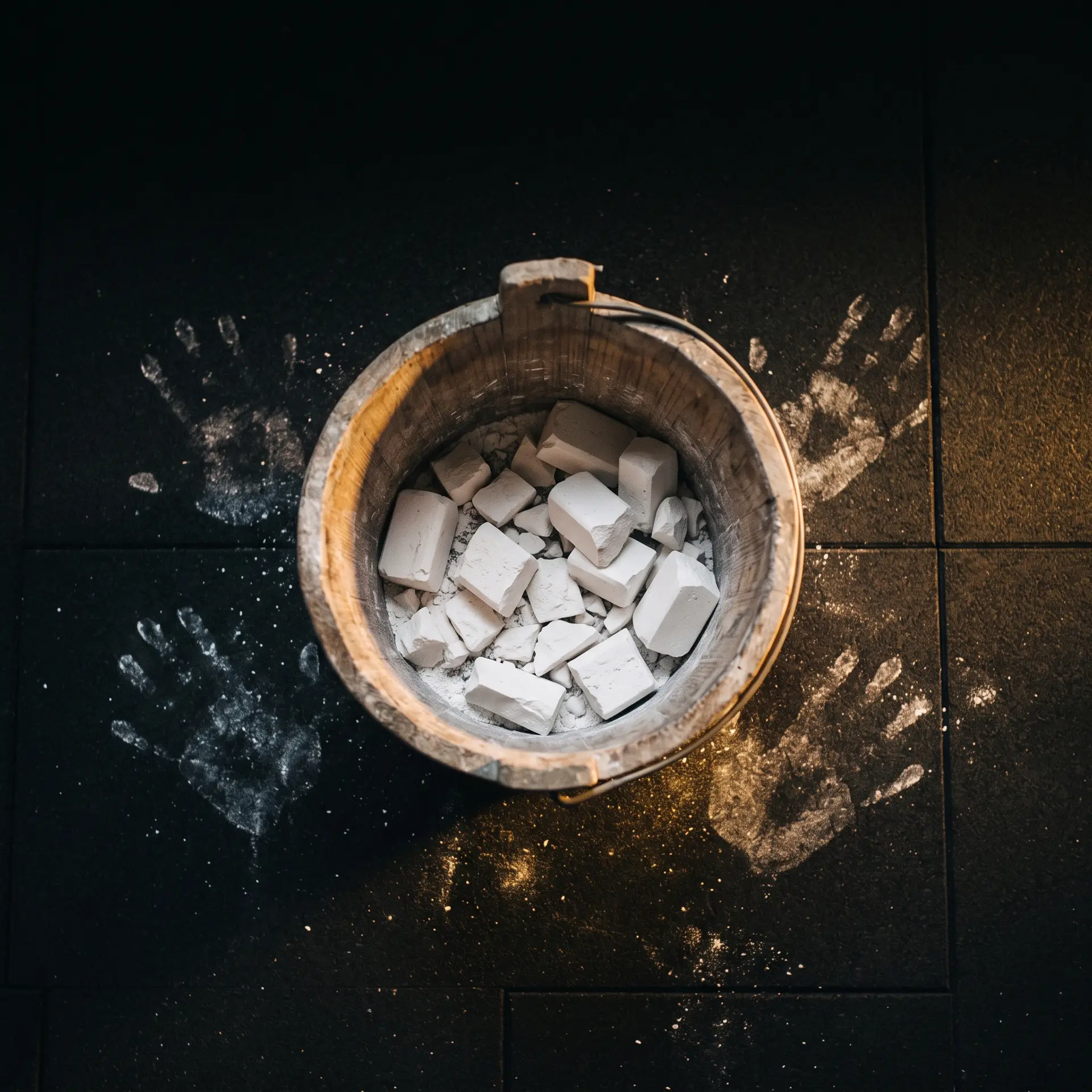 A chalk bucket on the floor, seen from above
