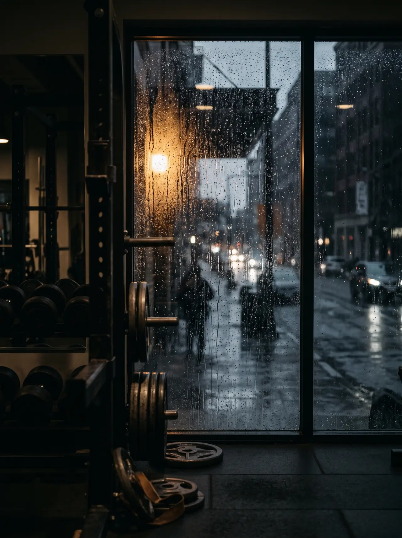 A gym interior seen from outside through a rain-covered window