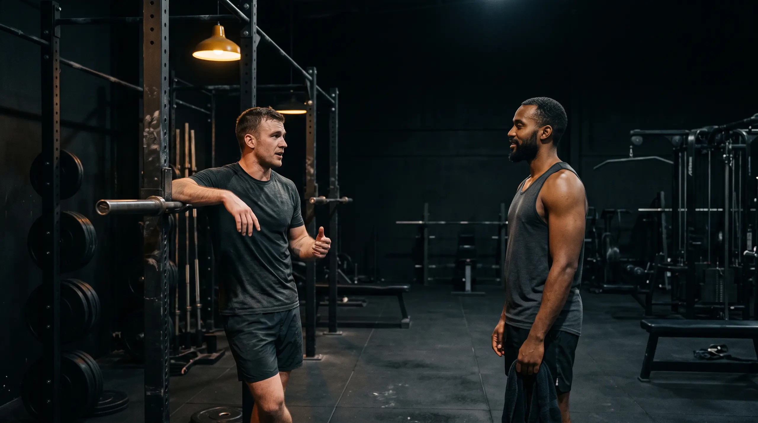 Two members talking on the gym floor