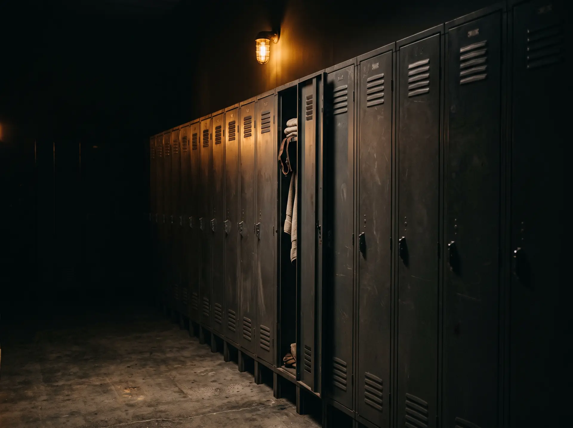 A row of metal lockers in a dim changing room