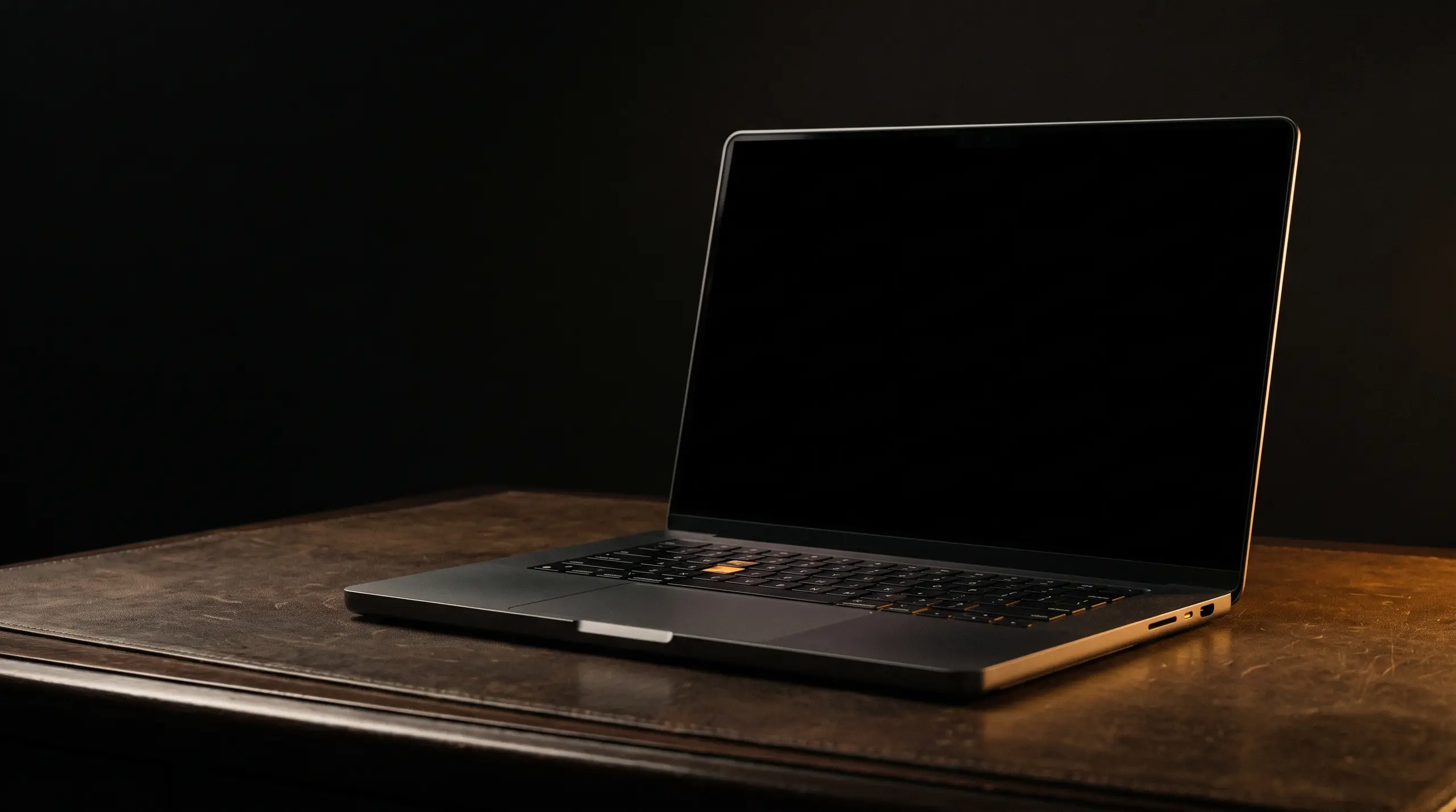 A laptop at three-quarter angle on a dark desk, screen blank