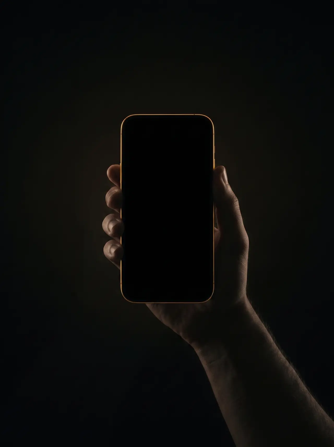 A phone held up in one hand against near-black, screen blank