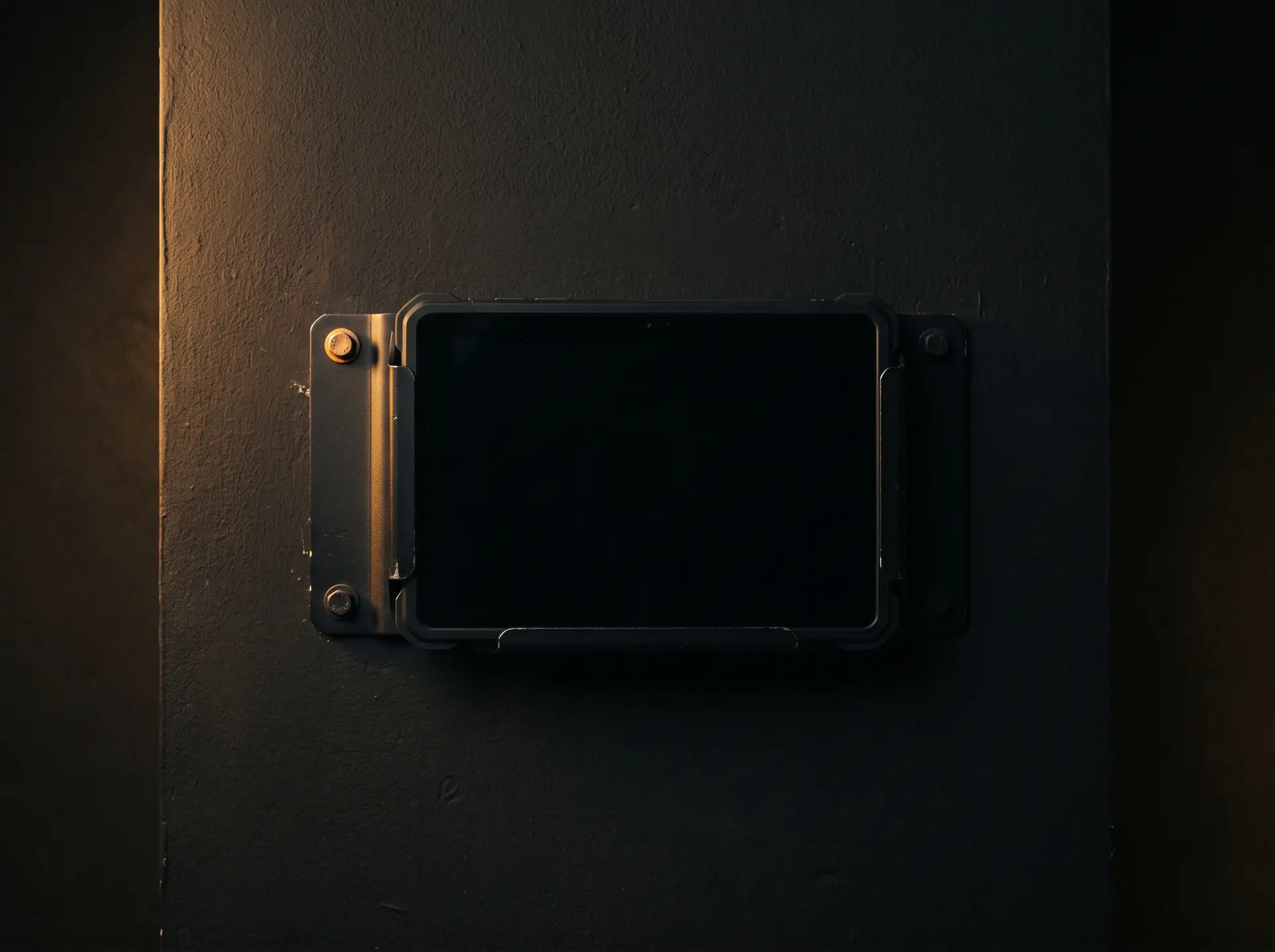 A wall-mounted tablet, screen blank