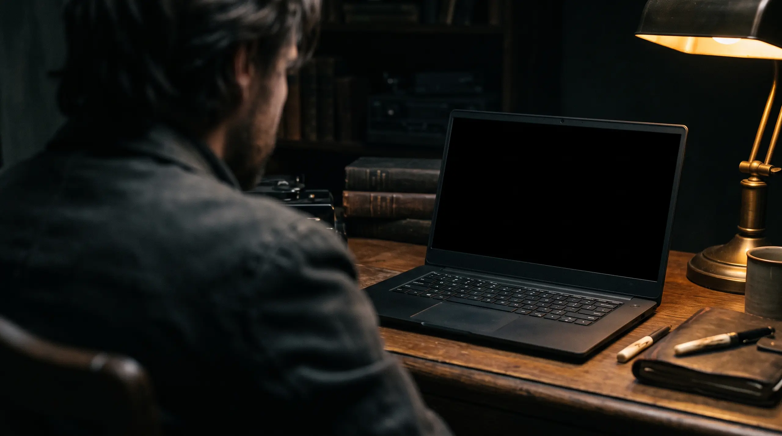 A laptop seen over someone's shoulder as they work at a desk