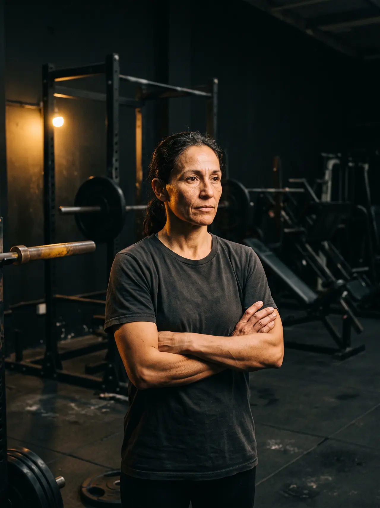 A gym owner standing on their own floor with arms folded