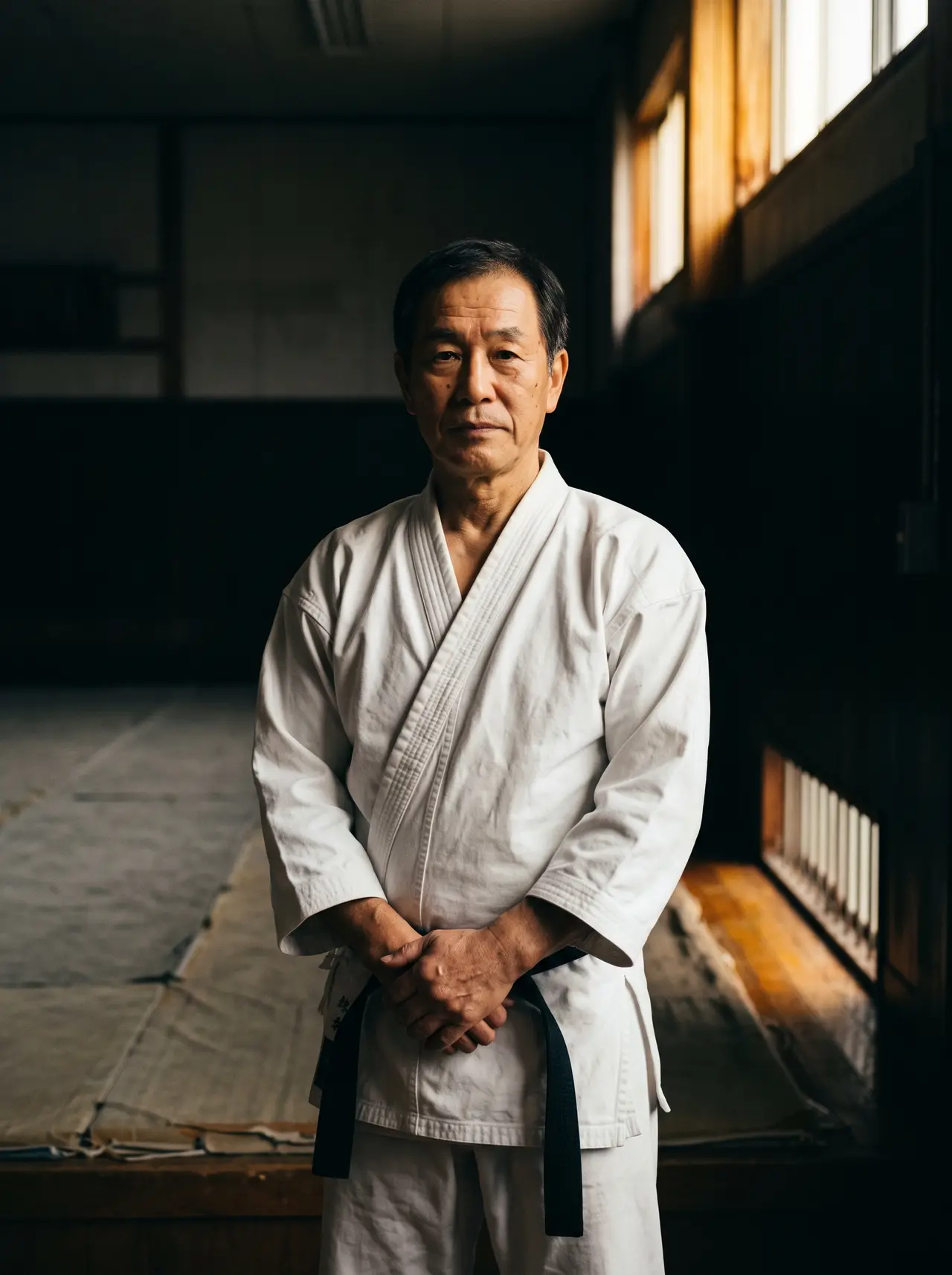 An older instructor standing at the edge of a dojo mat