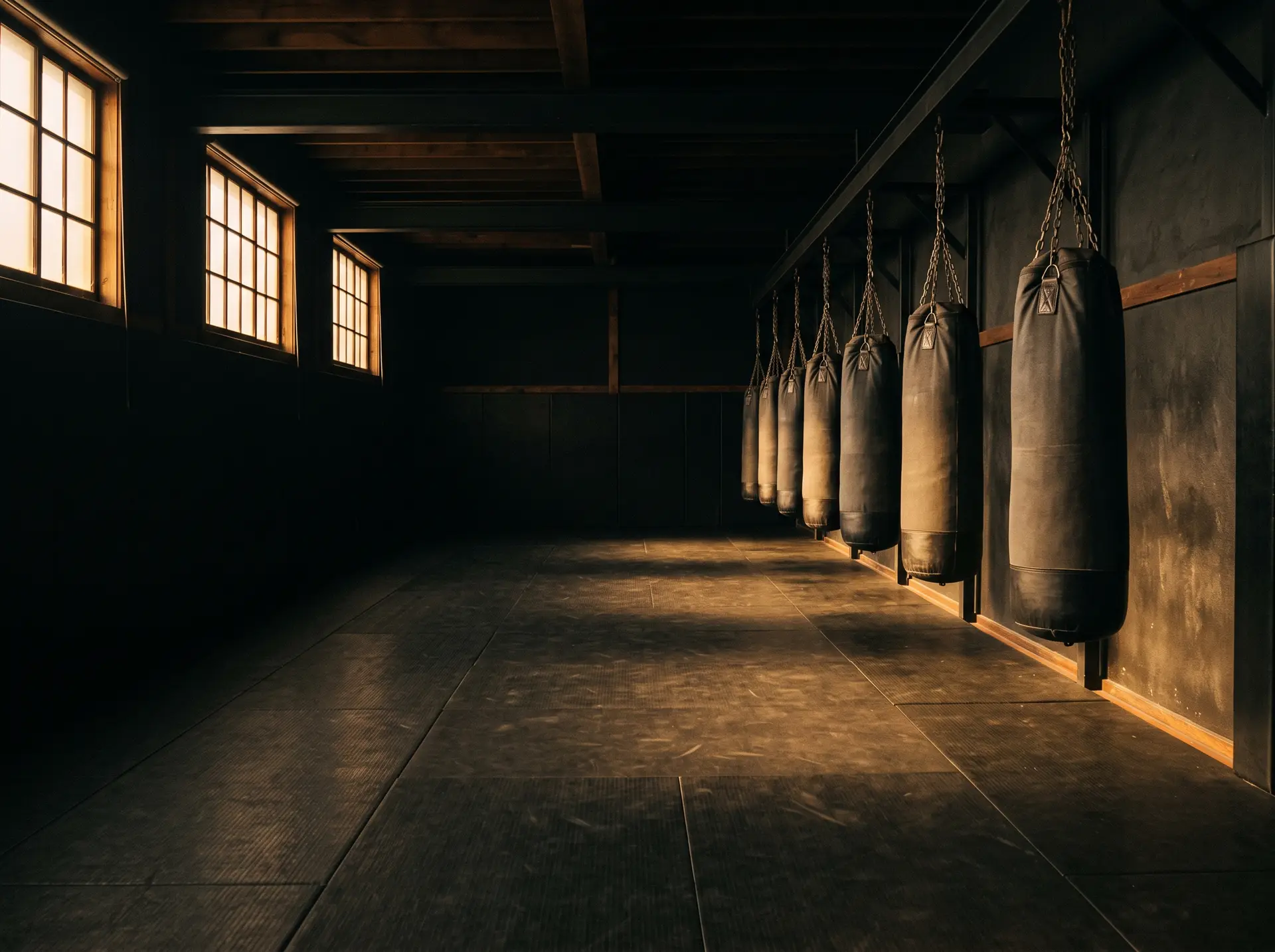 The interior of a martial arts academy, mats and a bare wall