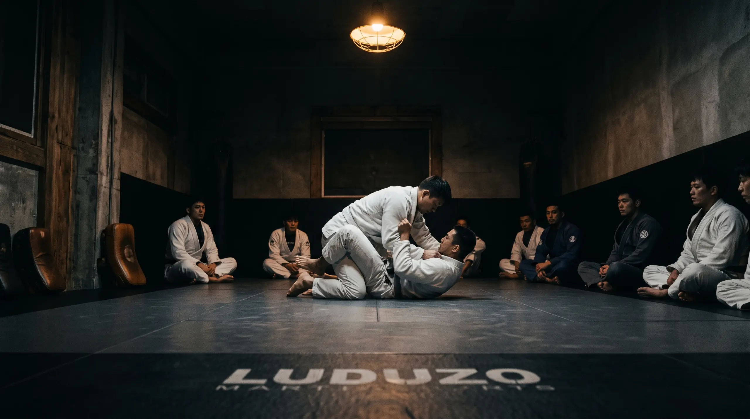 Two figures mid-throw on a martial arts mat
