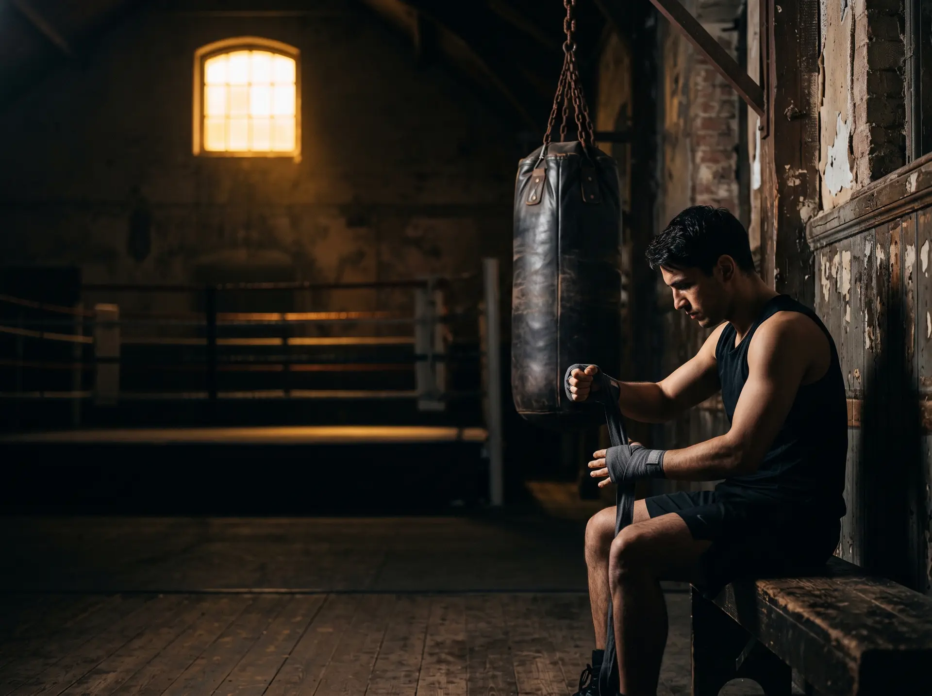 Someone wrapping their hands in a boxing gym