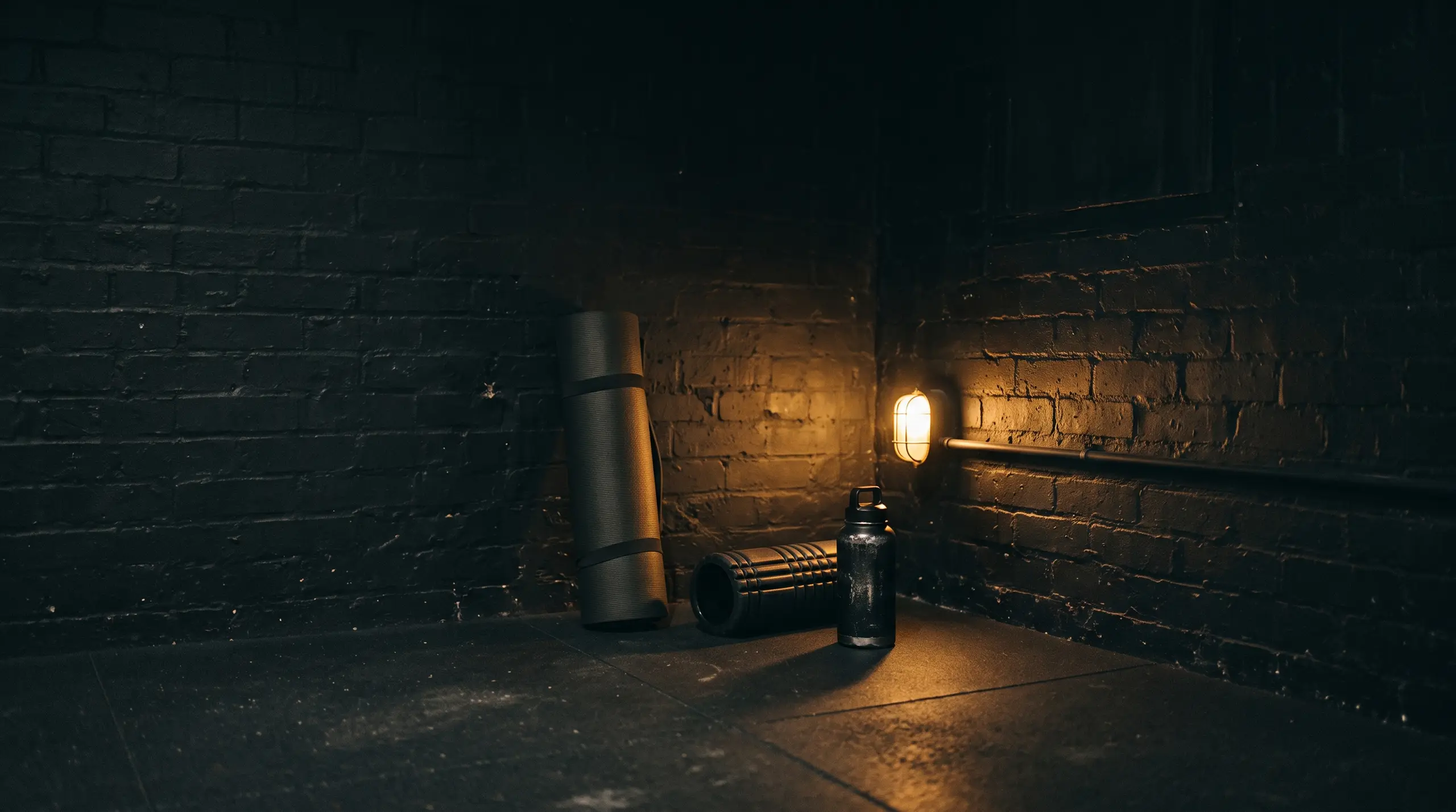 A recovery corner: a rolled mat and a foam roller against a brick wall under a warm lamp