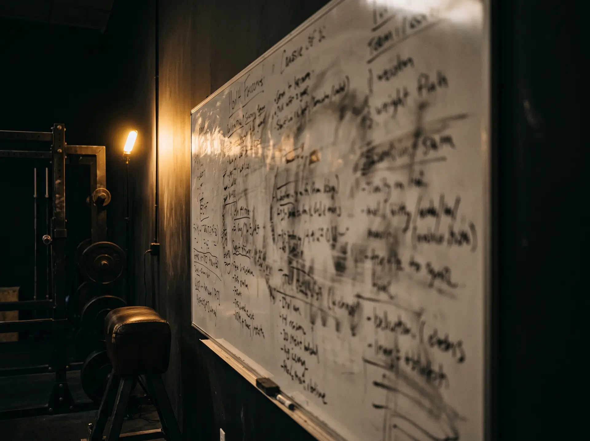 A whiteboard on the wall of a dark gym